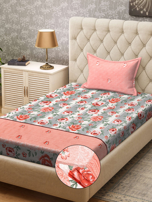 Klotthe Multi Floral 300 TC Cotton Blend Fitted Single Bedsheet with Pillow Cover