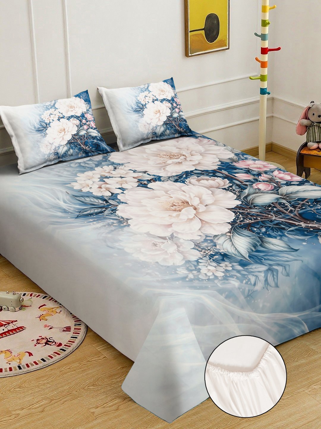 Blue Digital Floral Printed Cotton Blend Fitted Double Bedsheet with 2 Pillow Covers