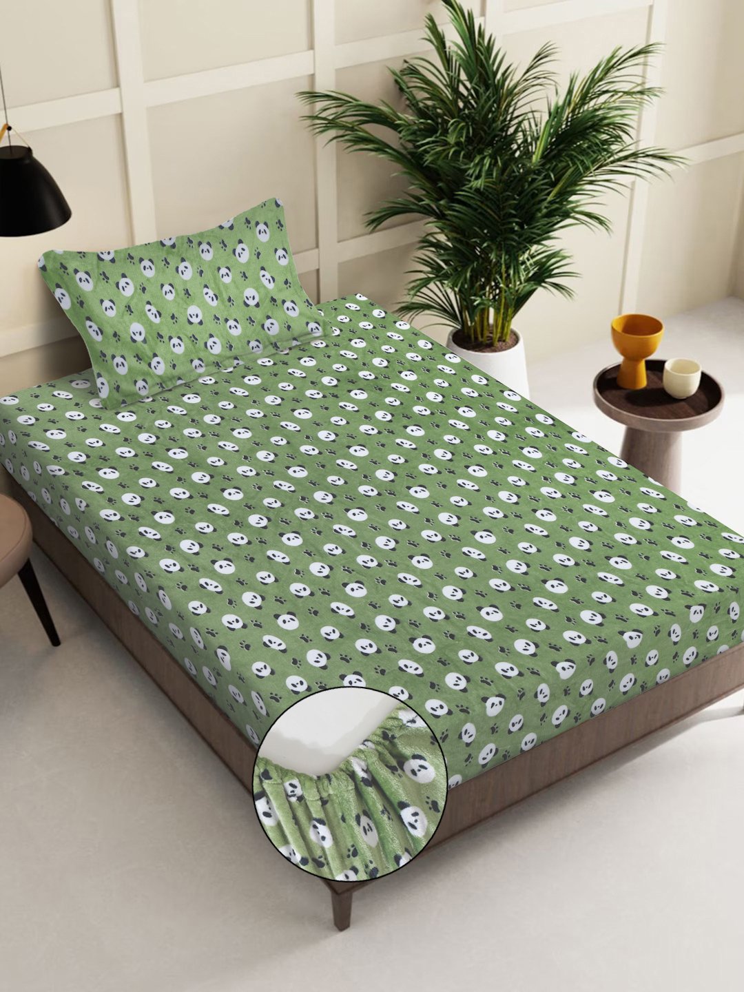 Green Cartoon Characters Woolen Fitted Single Bed Sheet with Pillow Cover