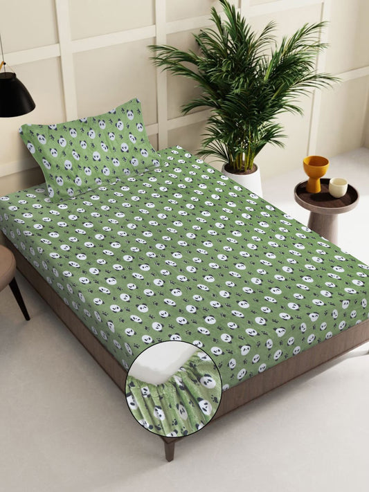 Green Cartoon Characters Woolen Fitted Single Bed Sheet with Pillow Cover