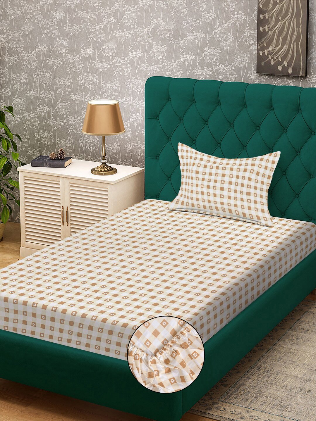 Beige Geometric 300 TC Cotton Blend Fitted Single Bedsheet with Pillow Cover