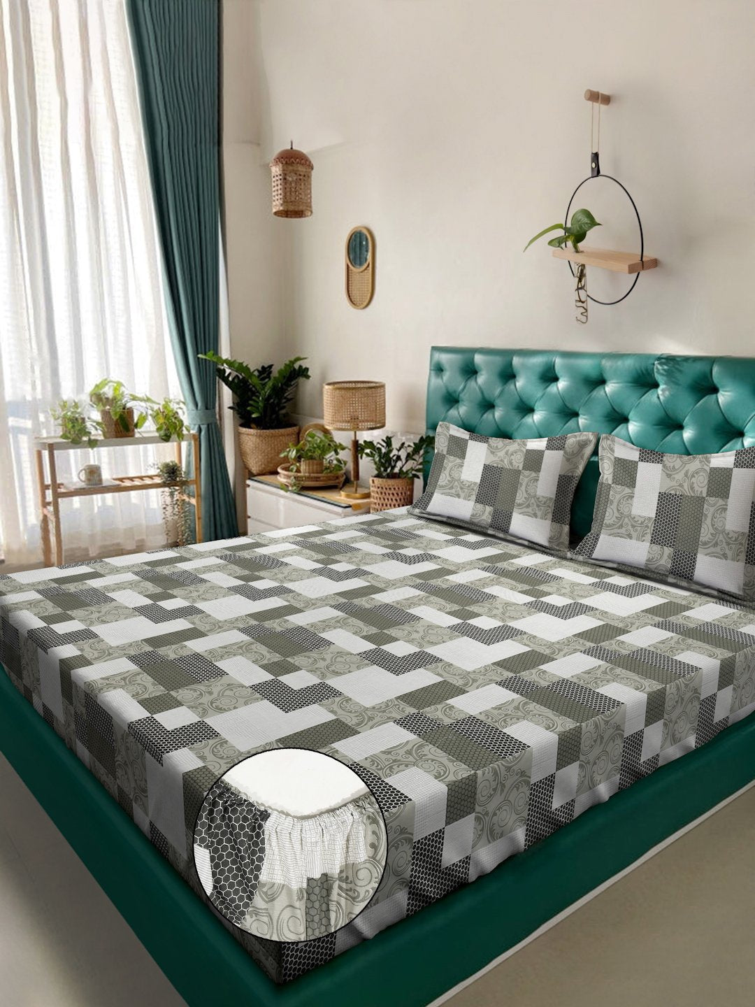 Olive Geometric 400 TC Pure Cotton Fitted Double Bedsheet with 2 Pillow Covers