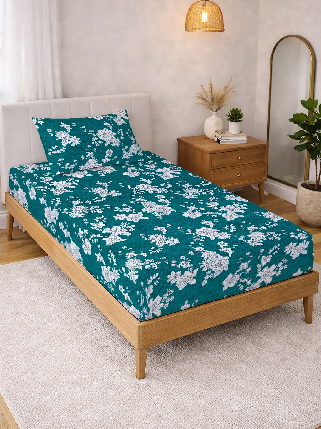Green Floral Cotton Blend Single Bedsheet with Pillow Cover