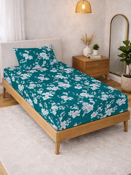 Green Floral Cotton Blend Single Bedsheet with Pillow Cover