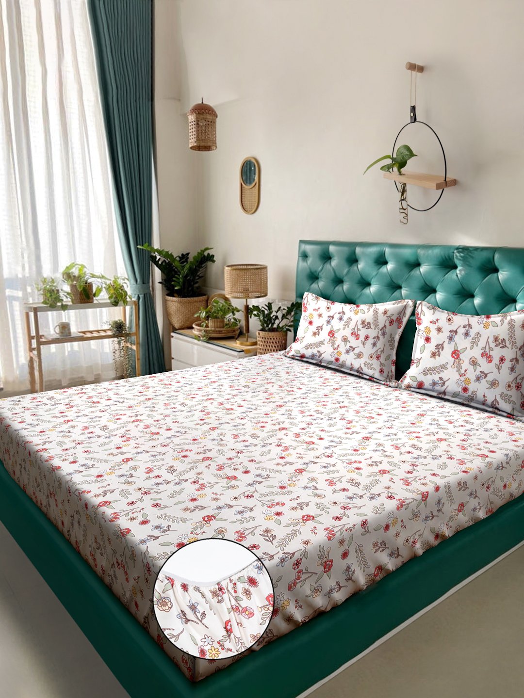 Off White Floral 300 TC Cotton Blend Fitted Super King Double Bedsheet in Book Fold Packing
