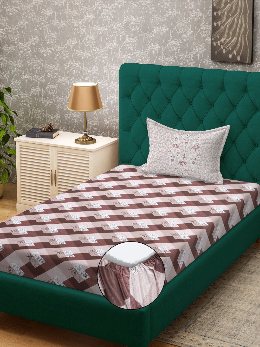 Rust Geometric 400 TC Pure Cotton Fitted Single Bedsheet with Pillow Cover