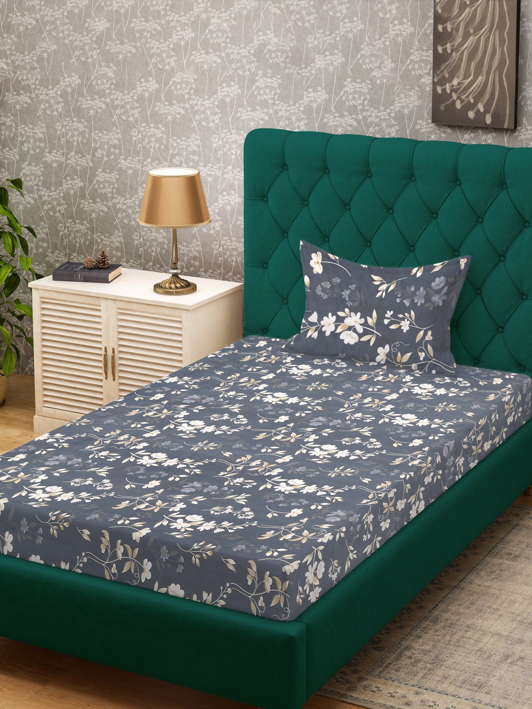 Grey Floral 300 TC Cotton Blend Single Bedsheet Set in Book Fold Packing
