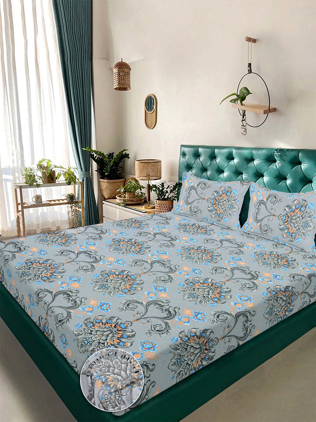 Grey Floral 300 TC Cotton Blend Fitted Double Bedsheet with 2 Pillow Covers