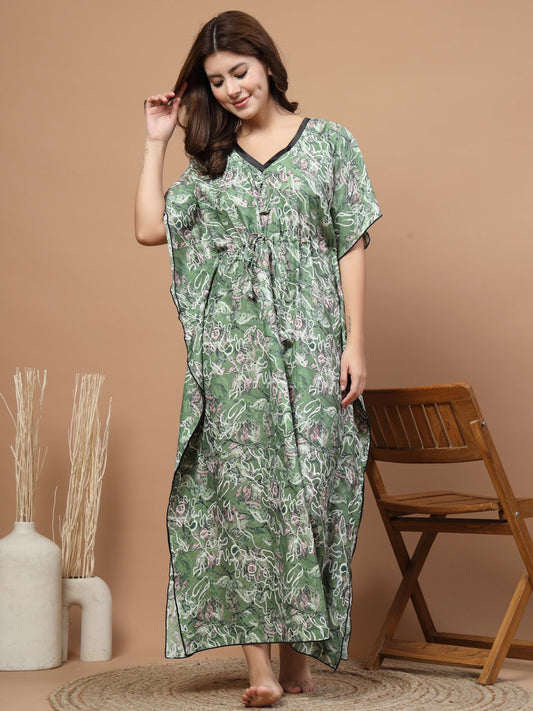 Green Floral Cotton Blend Kaftan Maxi Nightdress