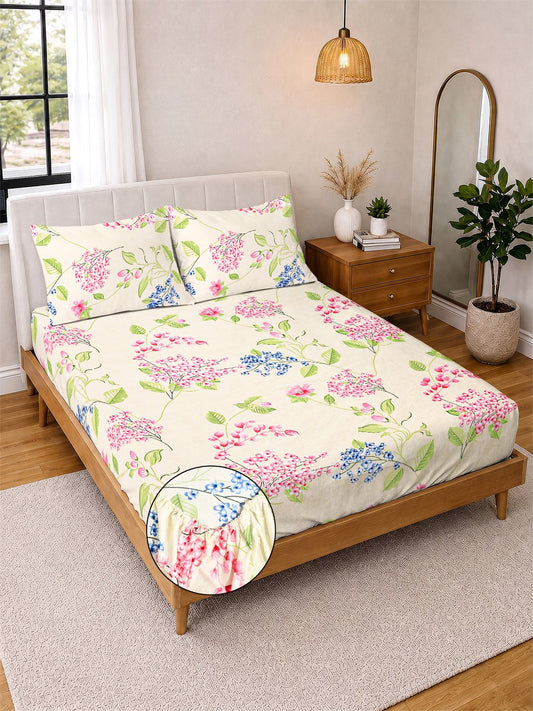Cream Floral Cotton Blend Fitted Double Bedsheet with 2 Pillow Covers