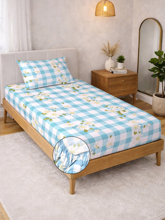Blue Floral Cotton Blend Fitted Single Bedsheet with Pillow Cover