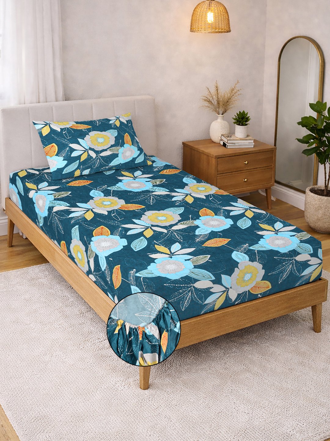 Blue Floral Cotton Blend Fitted Single Bedsheet with Pillow Cover