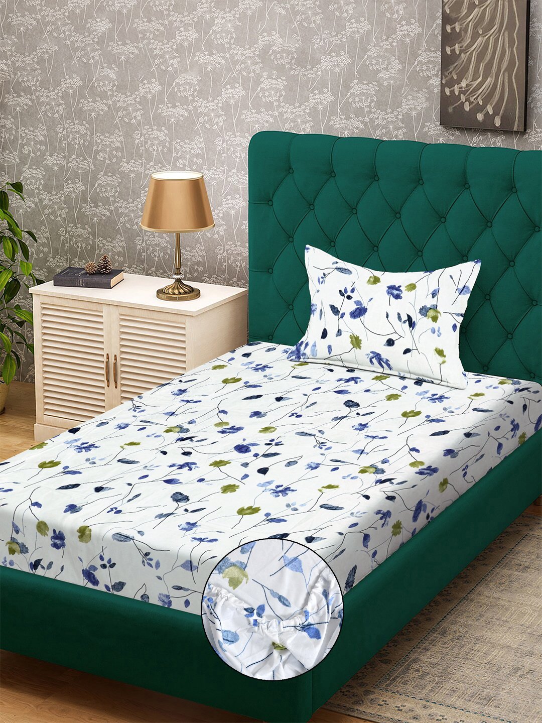 White Floral 300 TC Cotton Blend Fitted Single Bedsheet with Pillow Cover