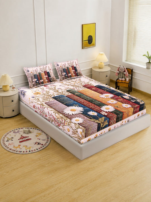 Digital Printed Multi Floral Cotton Blend Double Bedsheet with 2 Pillow Covers