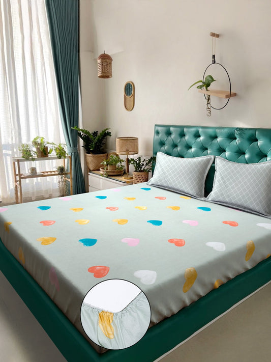 Green Abstract 300 TC Cotton Blend Fitted Double Bedsheet with 2 Pillow Covers