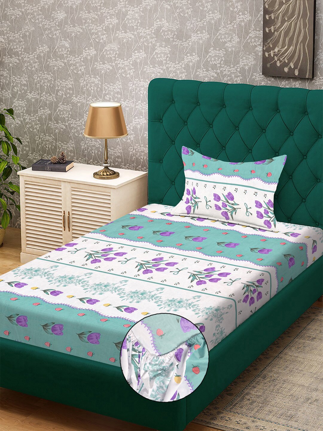 Green Floral 300 TC Cotton Blend Fitted Single Bedsheet with Pillow Cover