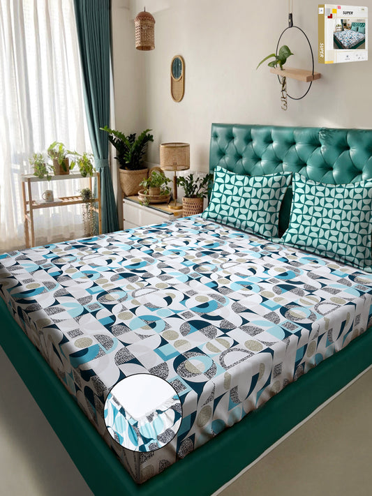 Klotthe White Geometric 300 TC Cotton Blend Fitted Double Bedsheet in Book Fold Packing