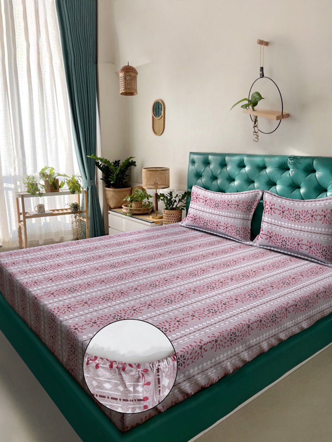 Pink Floral 400 TC Pure Cotton Fitted Double Bedsheet with 2 Pillow Covers