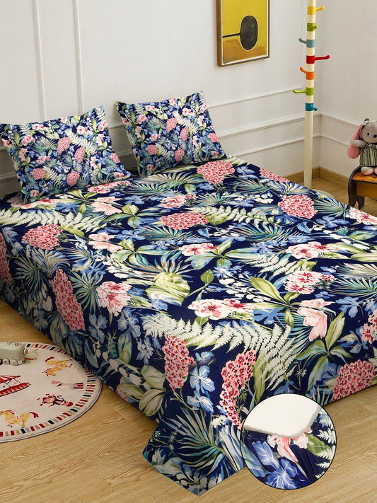 Blue Digital Floral Printed Cotton Blend Fitted Double Bedsheet with 2 Pillow Covers