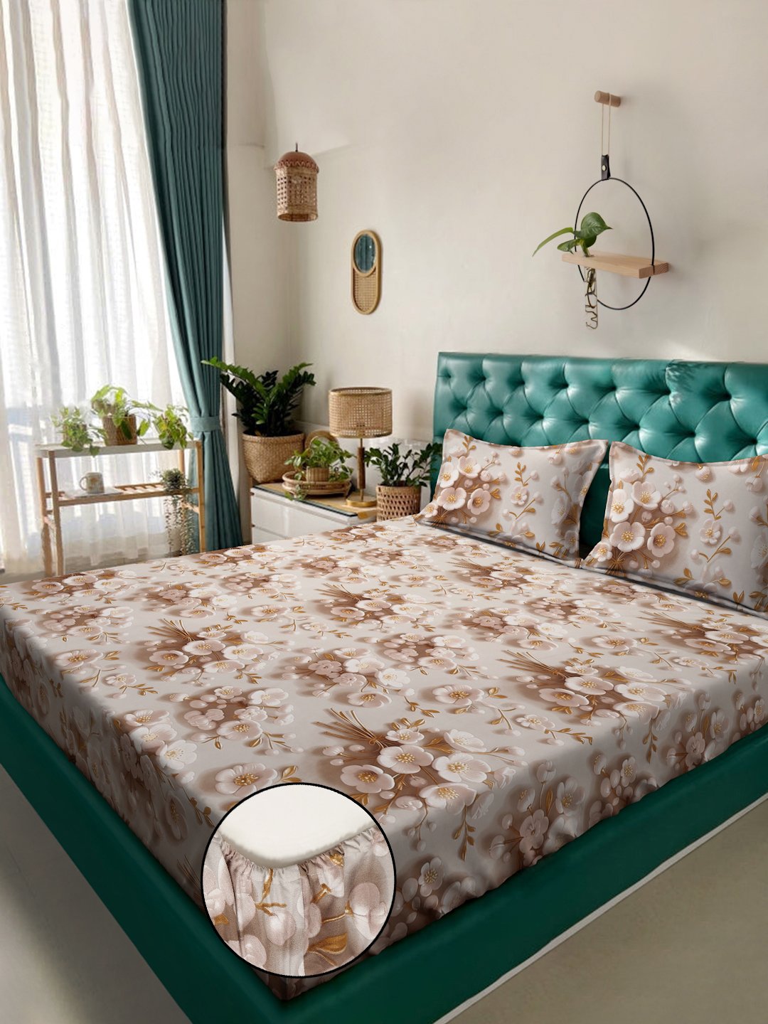 Cream Floral 7D King Size Cotton Blend Fitted Double Bedsheet with 2 Pillow Covers