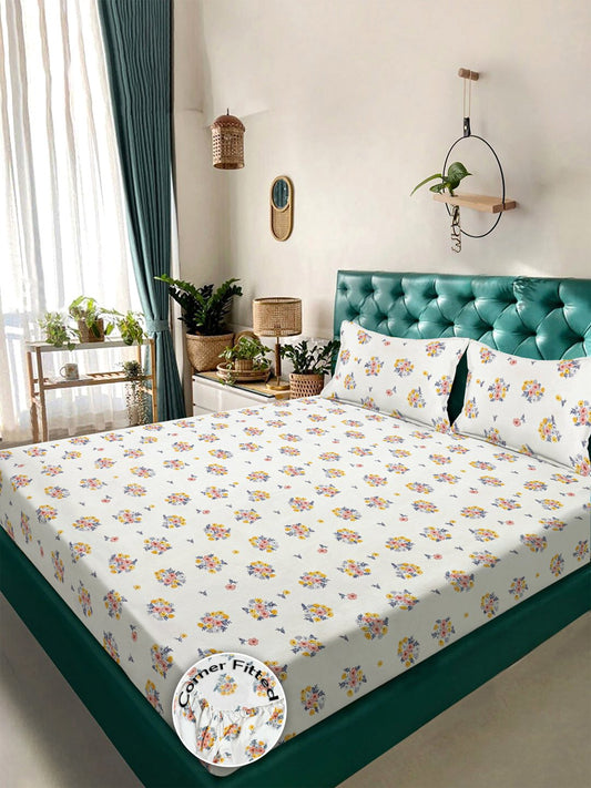 Cream Floral 300 TC Cotton Blend Fitted Double Bedsheet with 2 Pillow Covers