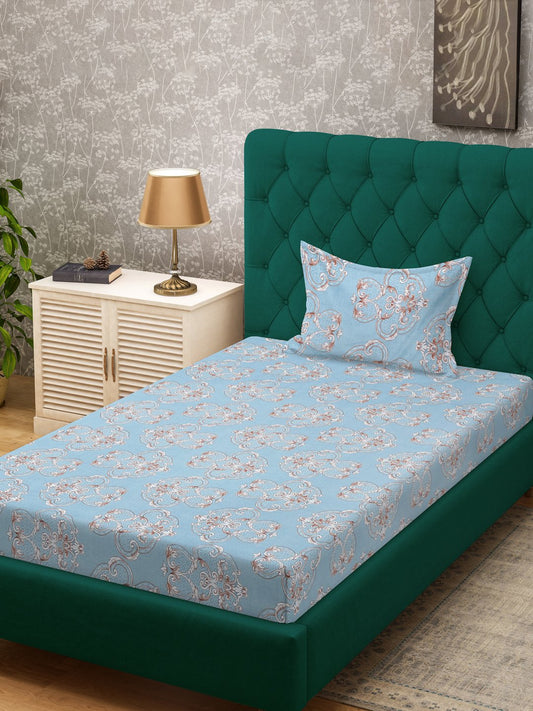 SkyBlue Ethnic Motifs 300 TC Cotton Blend Single Bedsheet Set in Book Fold Packing