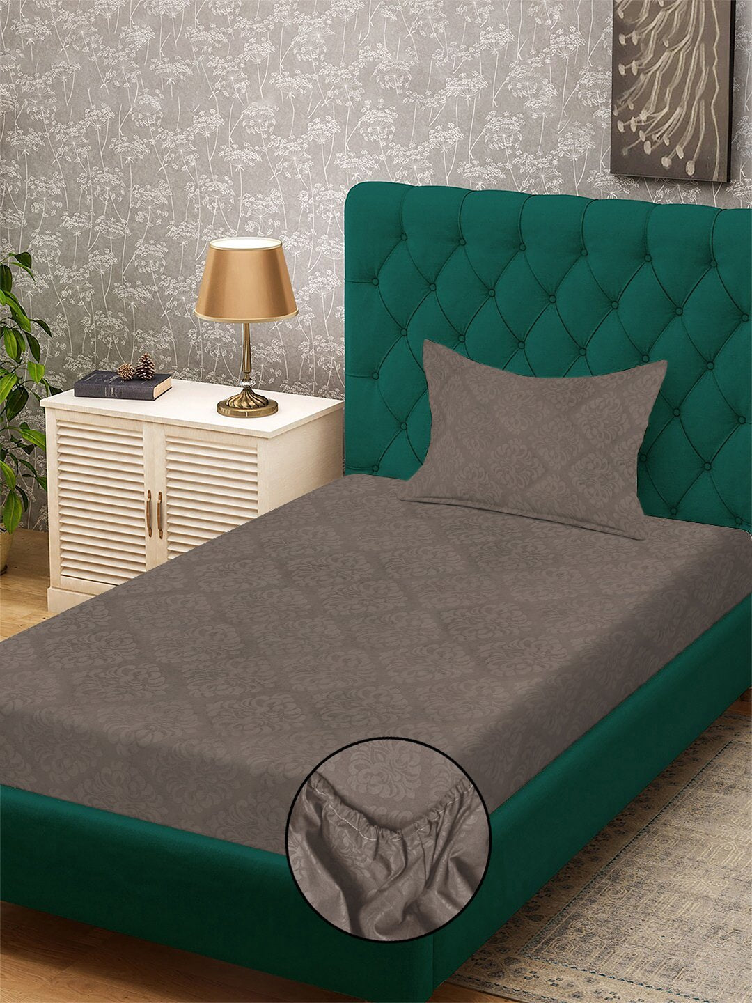 Brown Floral Embossed Cotton Blend Fitted Fitted Single Bedsheet with Pillow Cover