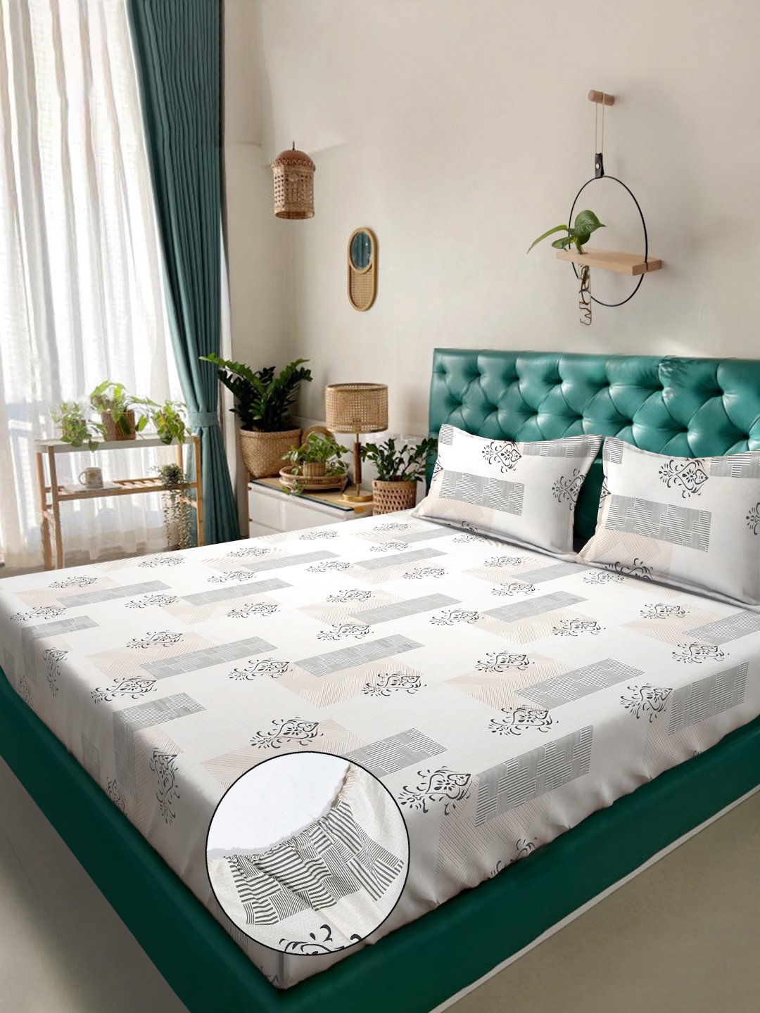 Cream Ethnic Motifs  300 TC Cotton Blend Fitted Double Bedsheet in Book Fold Packing
