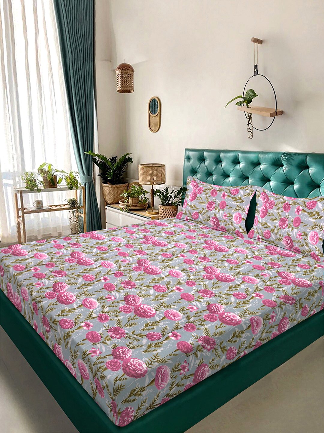 Pink Floral 300 TC Cotton Blend Double Bedsheet with 2 Pillow Covers