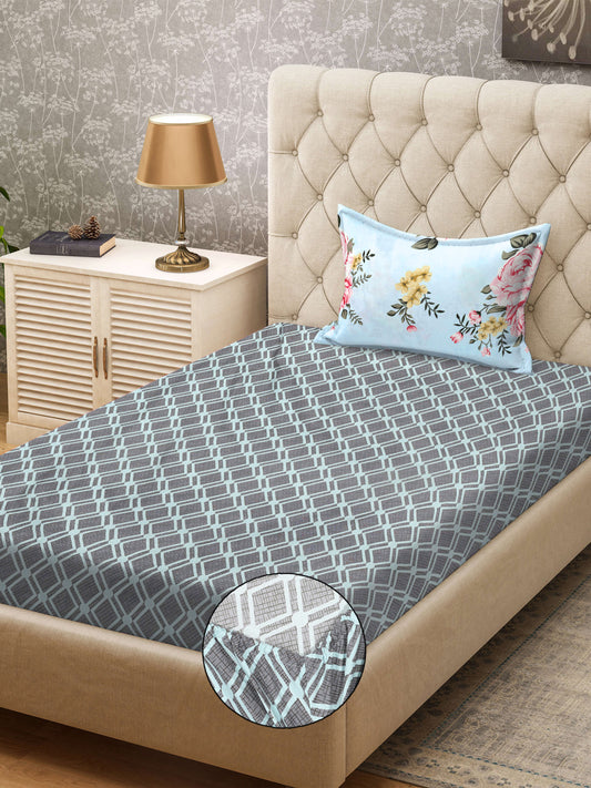 Klotthe Grey Geometric 300 TC Cotton Blend Fitted Single Bedsheet with Pillow Cover