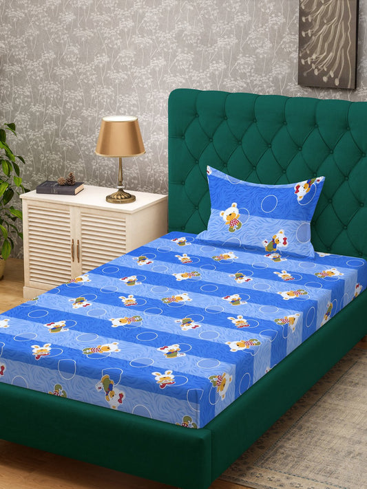 Blue Cartoon Characters 400 TC Pure Cotton Single Bedsheet with Pillow Cover