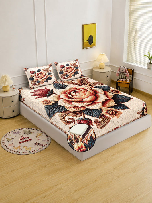 Digital Printed Multi Floral Cotton Blend Fitted Double Bedsheet with 2 Pillow Covers