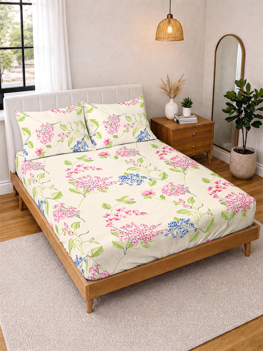 Cream Floral Cotton Blend Double Bedsheet with 2 Pillow Covers