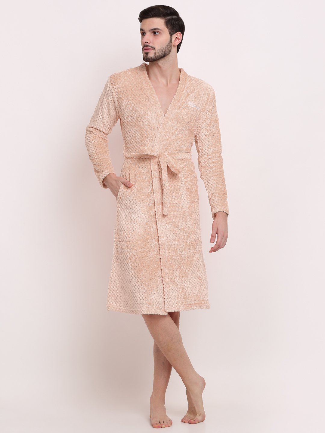 Men Peach Self Design Wool Bath Robe With Belt