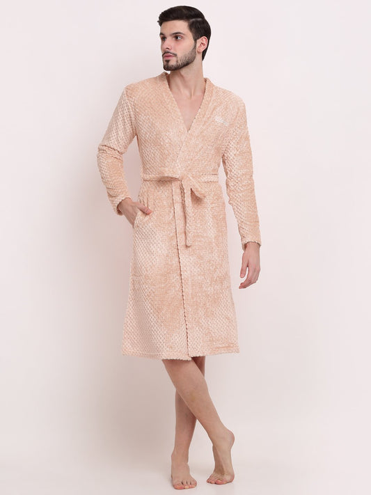 Men Peach Self Design Wool Bath Robe With Belt