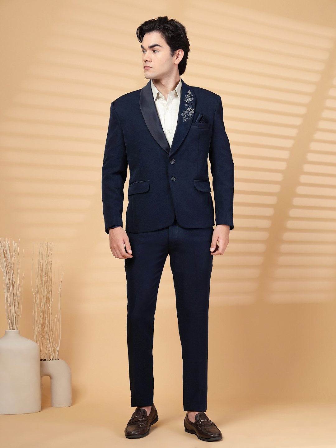 Blue Solid Embroidery Single-Breasted Two-Piece Party Suit