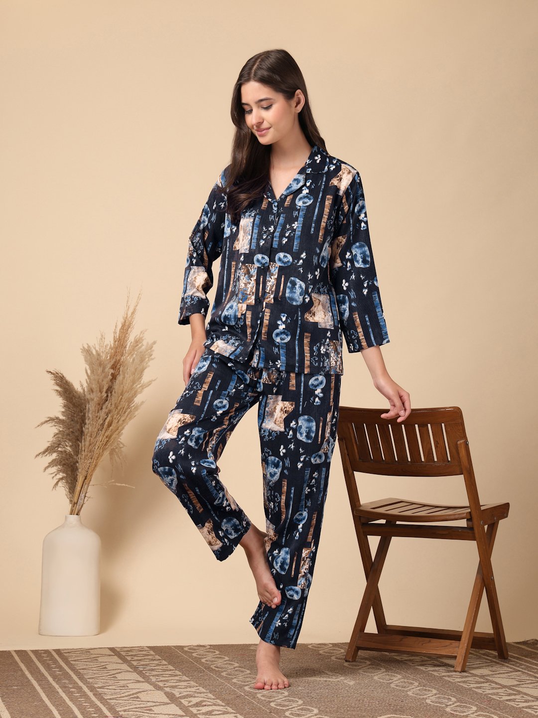 Blue Geometric Cotton Blend Women Night Suit