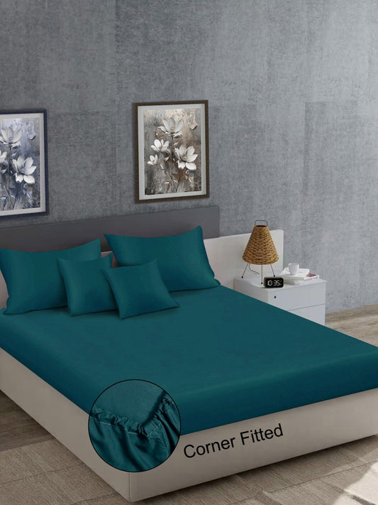 Turquoise Solid 400 TC Satin Fitted Super King Double Bedsheet with 2 Pillow Covers & 2 Cushion Covers