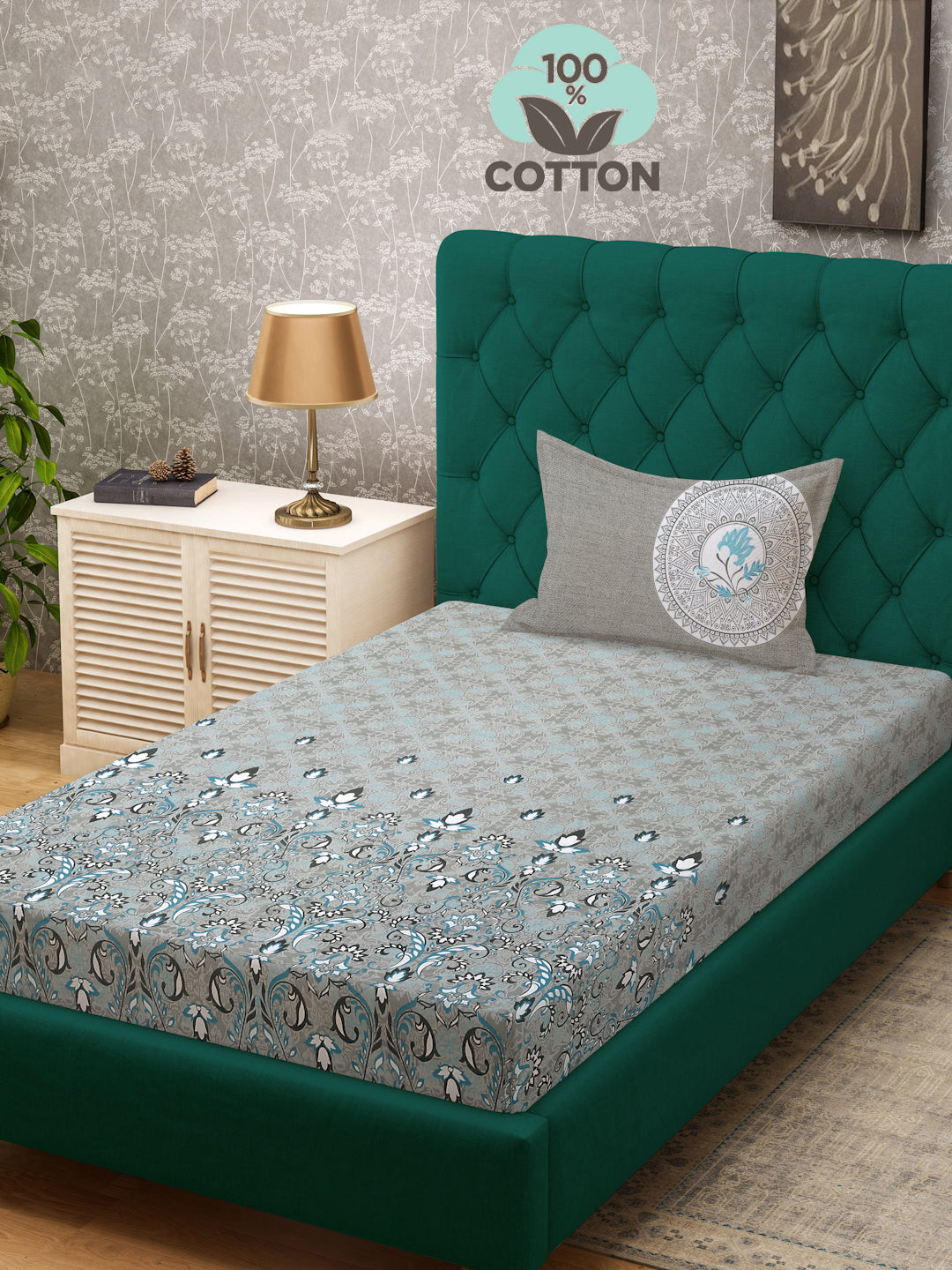Klotthe Grey Floral 400 TC Pure Cotton Single Bedsheet with Pillow Cover