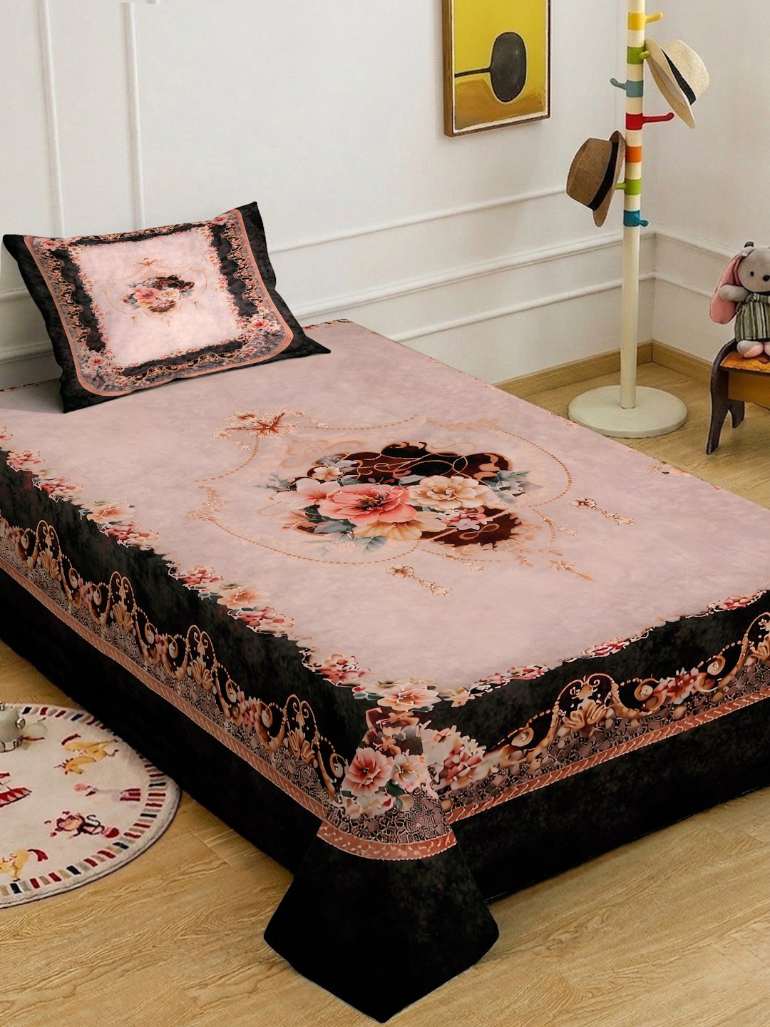 Multi Digital Floral Printed Cotton Blend Single Bedsheet with Pillow Cover