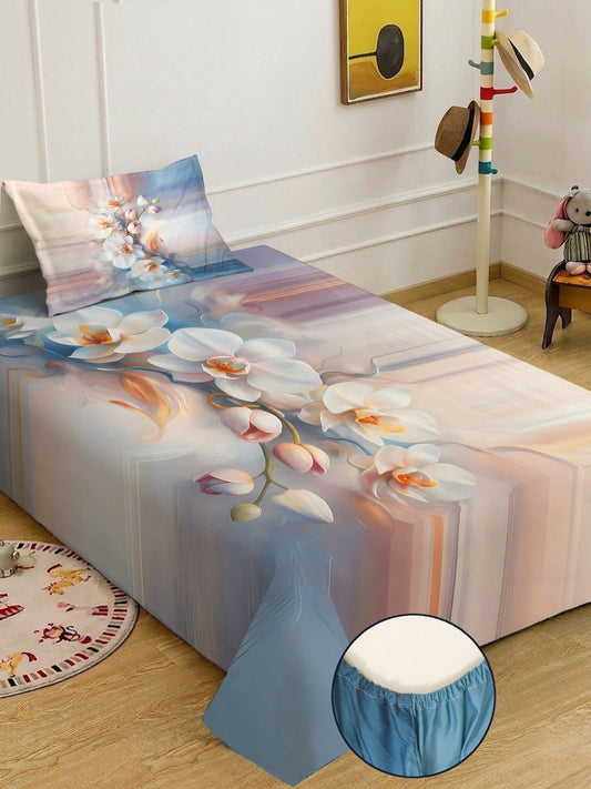 Multi Digital Floral Printed Cotton Blend Fitted Single Bedsheet with Pillow Cover