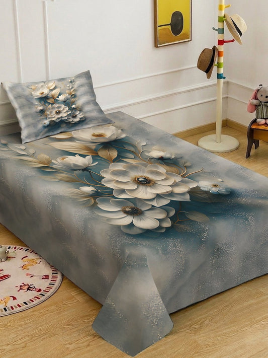 Multi Digital Floral Printed Cotton Blend Single Bedsheet with Pillow Cover
