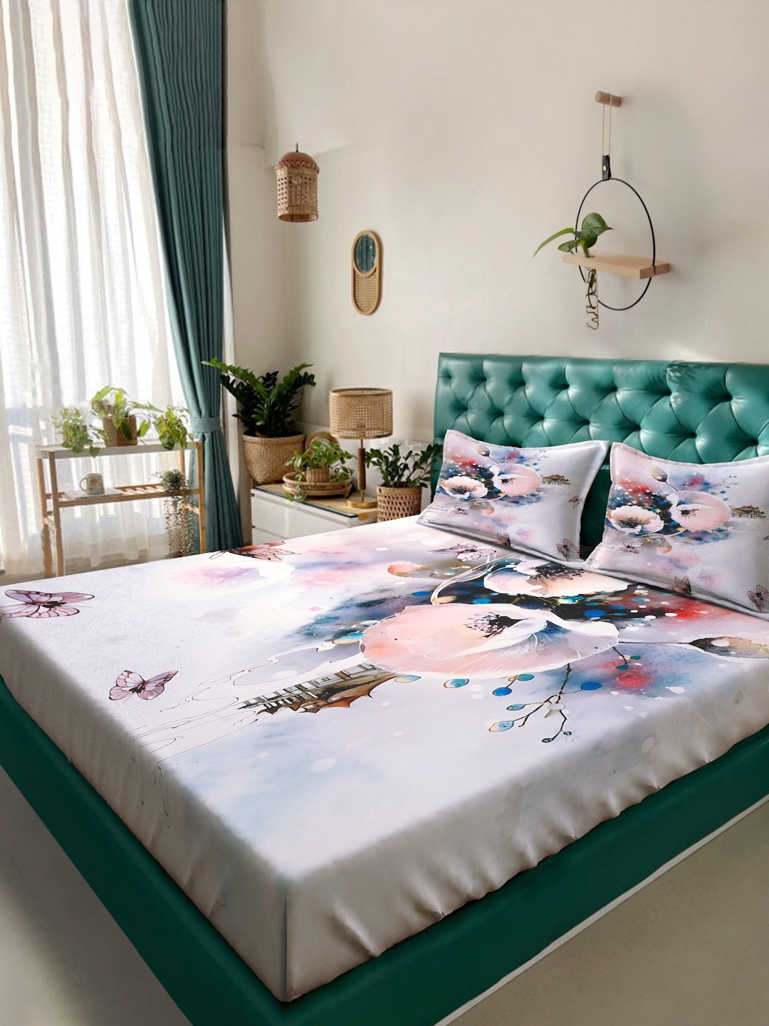 Multi Digital Floral Printed Cotton Blend Double Bedsheet with 2 Pillow Covers