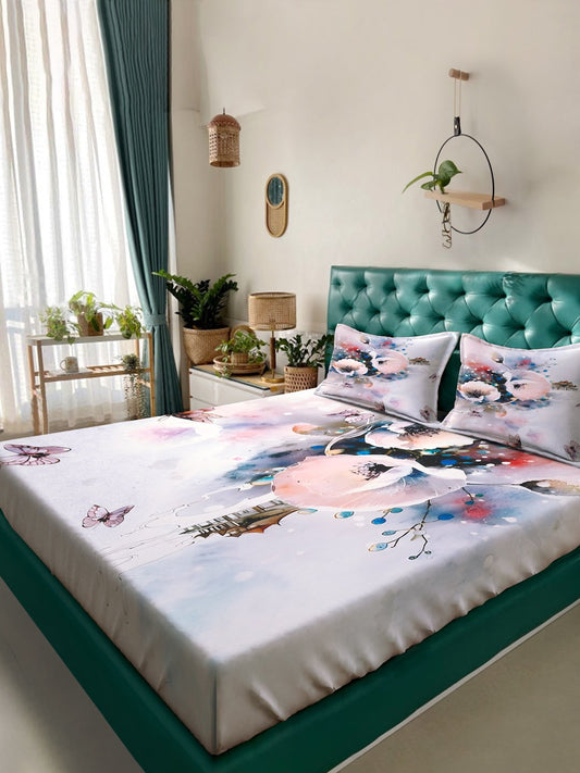 Multi Digital Floral Printed Cotton Blend Double Bedsheet with 2 Pillow Covers