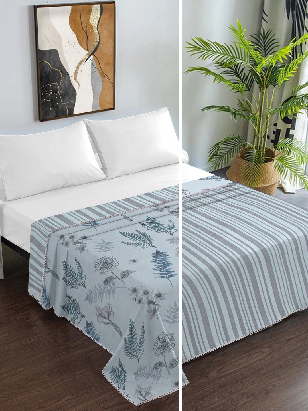 Grey Cotton Blend Floral Double Bed Dohar