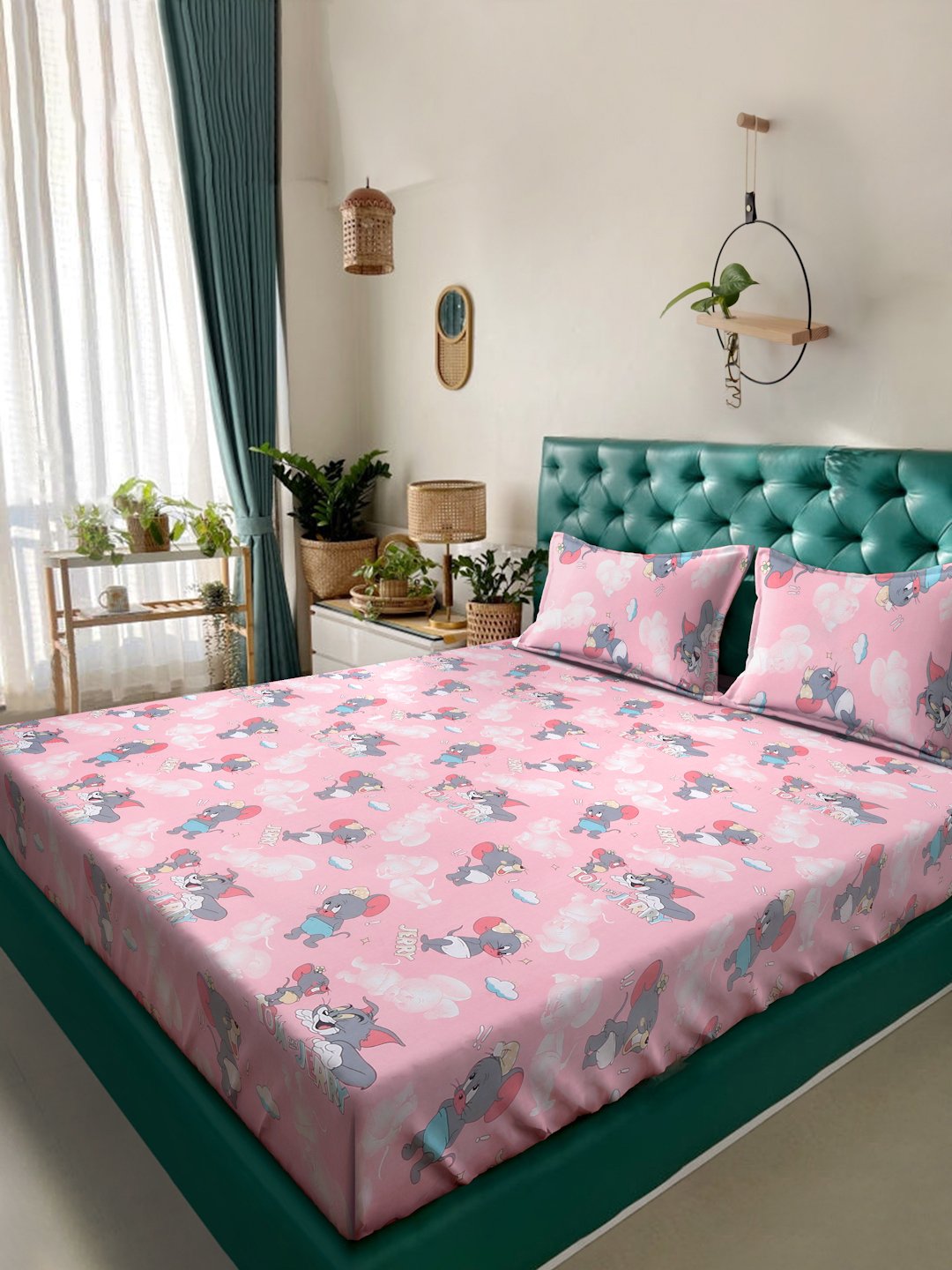 Pink Cartoon Characters 400 TC Pure Cotton Double Bedsheet with 2 Pillow Covers