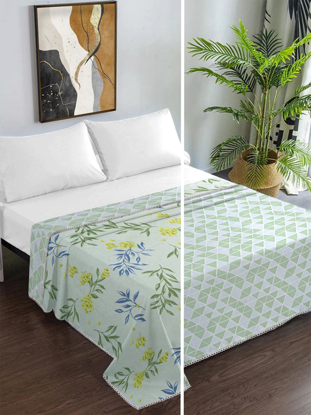 Green Cotton Blend Floral Double Bed Dohar