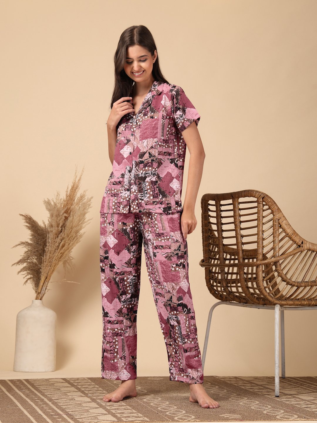 Red Geometric Cotton Blend Women Night Suit