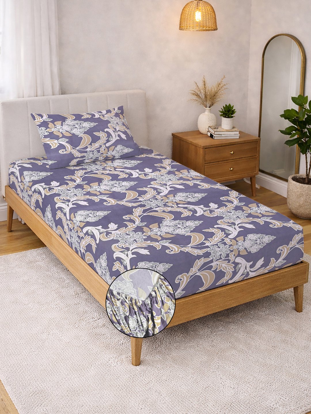 Purple Floral Cotton Blend Fitted Single Bedsheet with Pillow Cover