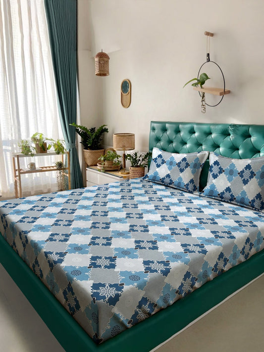 Blue Geometric 400 TC Pure Cotton Double Bedsheet with 2 Pillow Covers